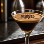 A glass of Espresso Martini cocktail with coffee beans