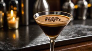 A glass of Espresso Martini cocktail with coffee beans